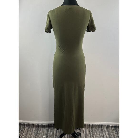 THEORY Olive Green Bodycon Dress Stretch Side Slit Crew Neck Size S P Small - Picture 7 of 10